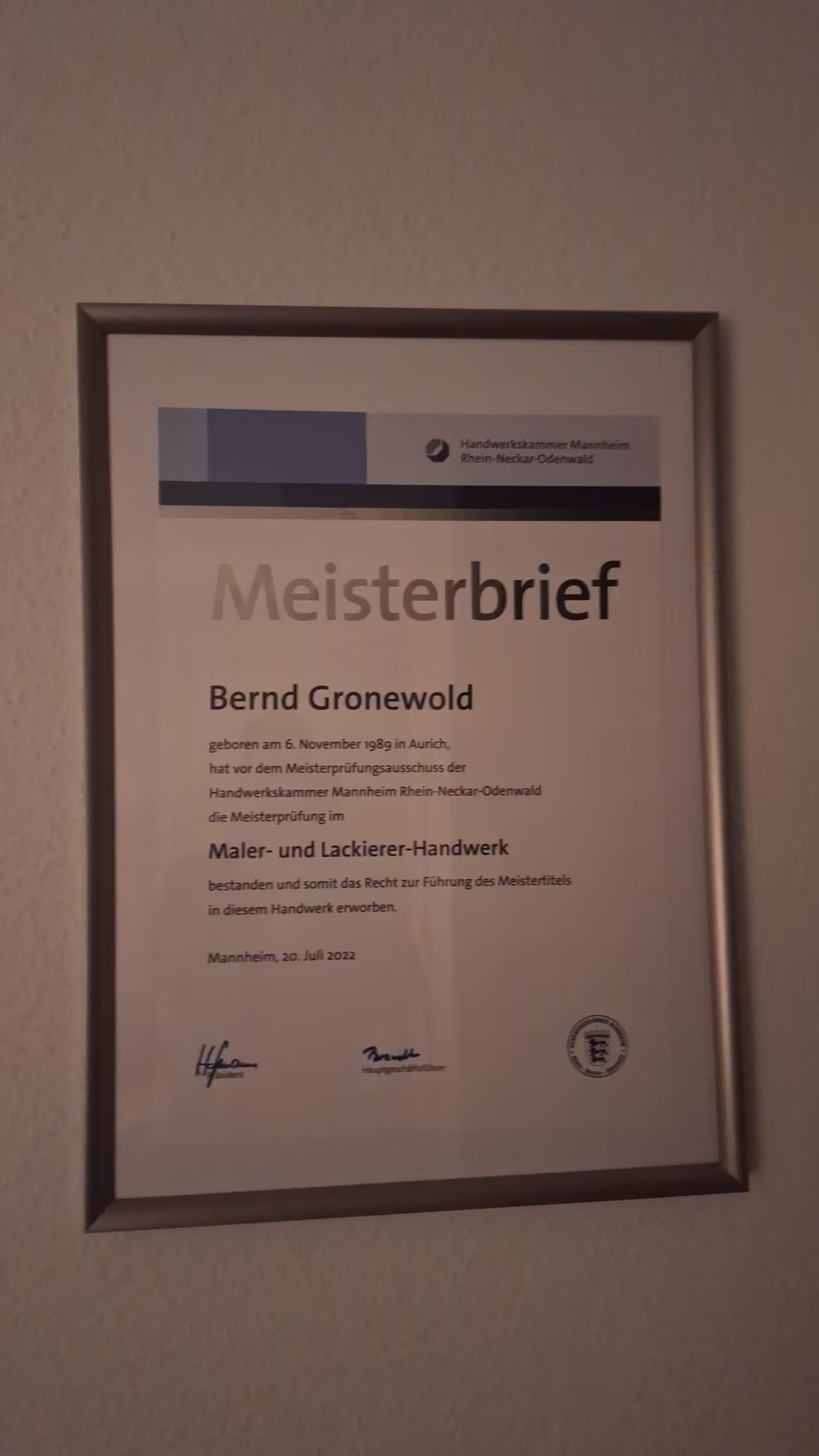 Meisterbrief Bernd Gronewold